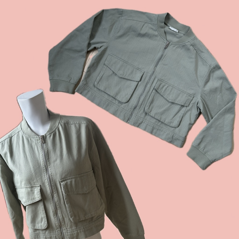 Nicole Miller New York Cropped Utility Jacket Olive Green – Zip Front
